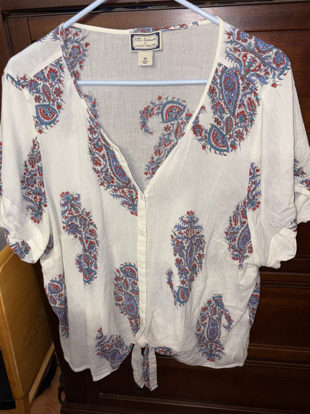 Lucky Brand Cream Paisley Tie-Front Blouse with Blue & Red Accents